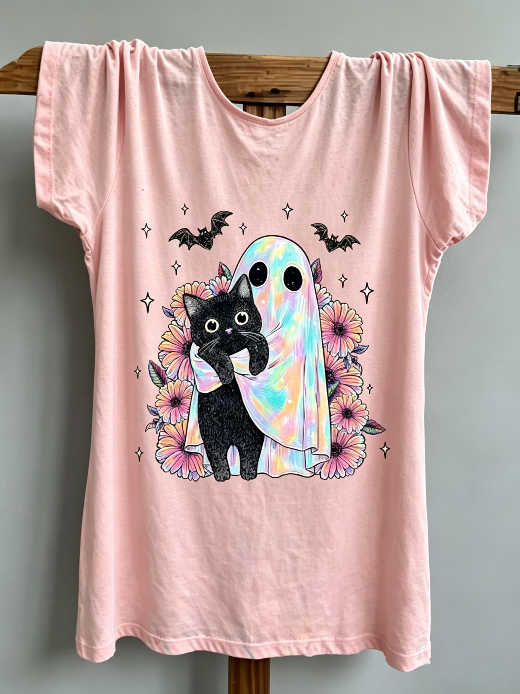 Black Cat And Holographic Ghost Graphic T-Shirt