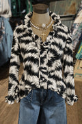 Feather Abstract Print Ruffled Button-Down Blouse