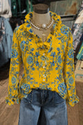 Bright Yellow And Blue Floral Ruffled Shirt