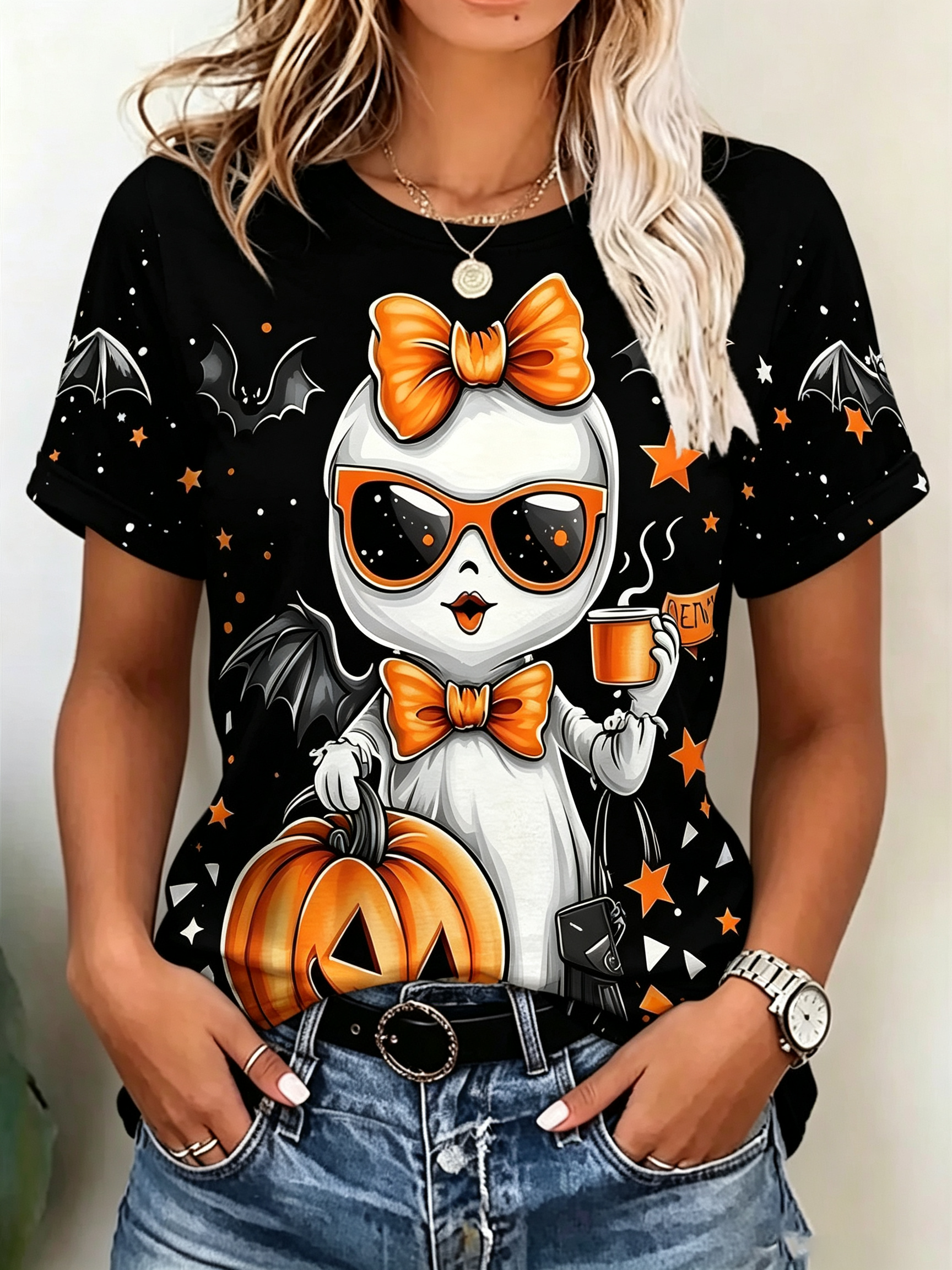 Stylish Ghost With Coffee And Pumpkin Graphic Tee