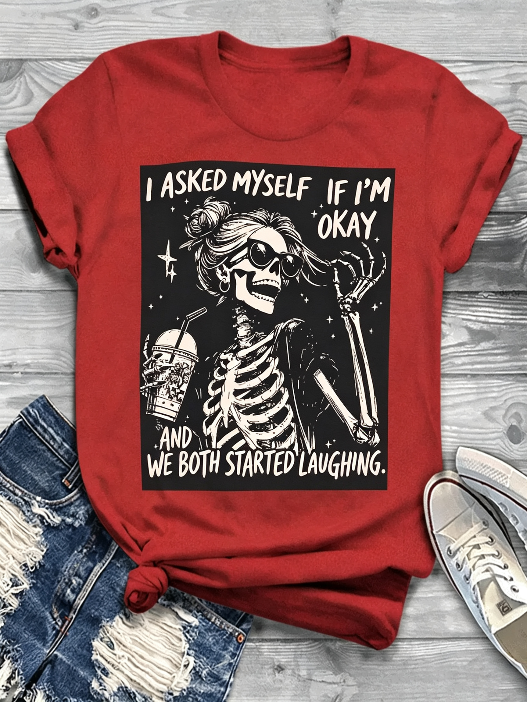 Sassy Skeleton Humor Graphic Round Neck T-Shirt