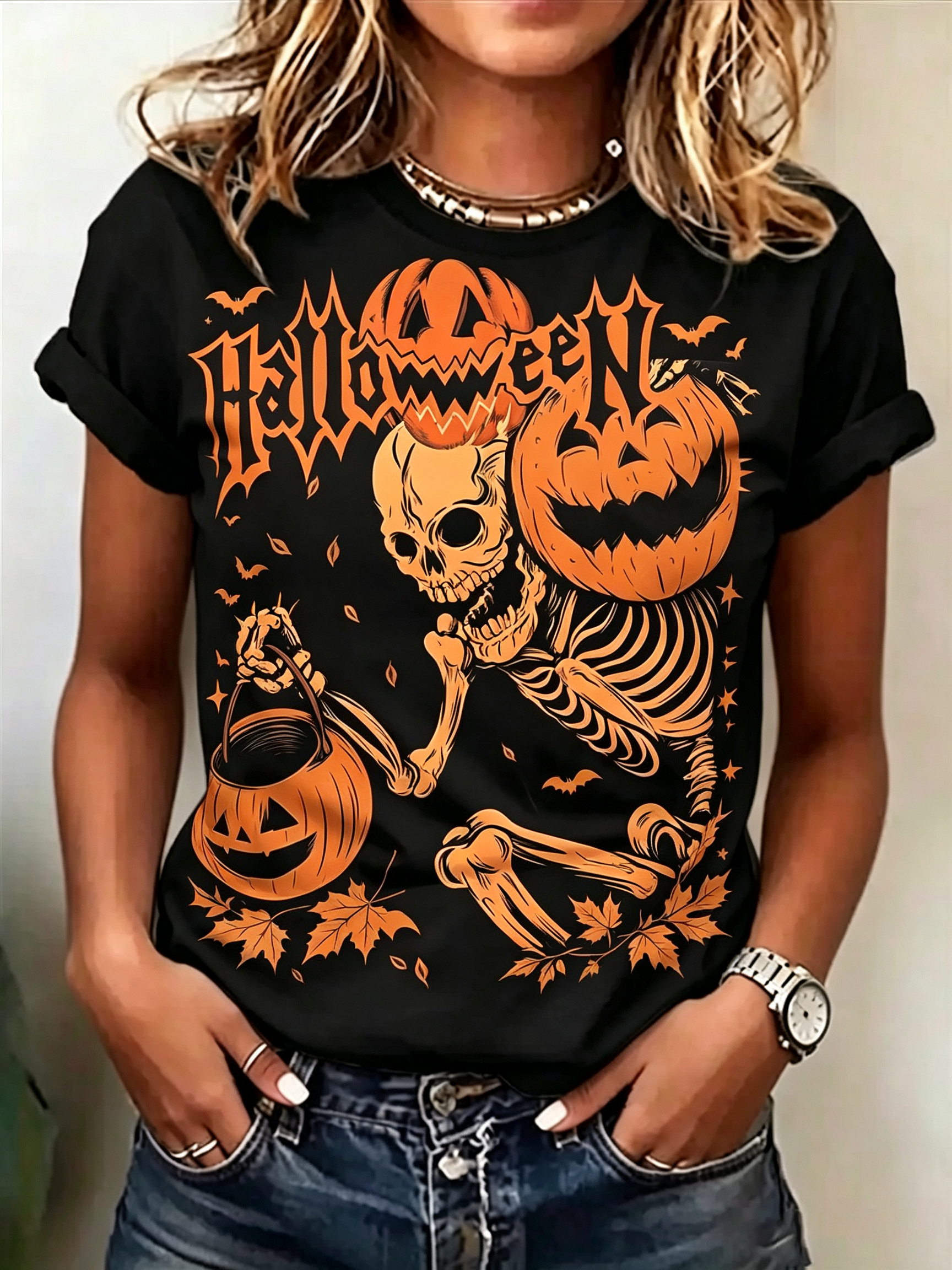 Gothic Skeleton and Pumpkin Halloween T-Shirt