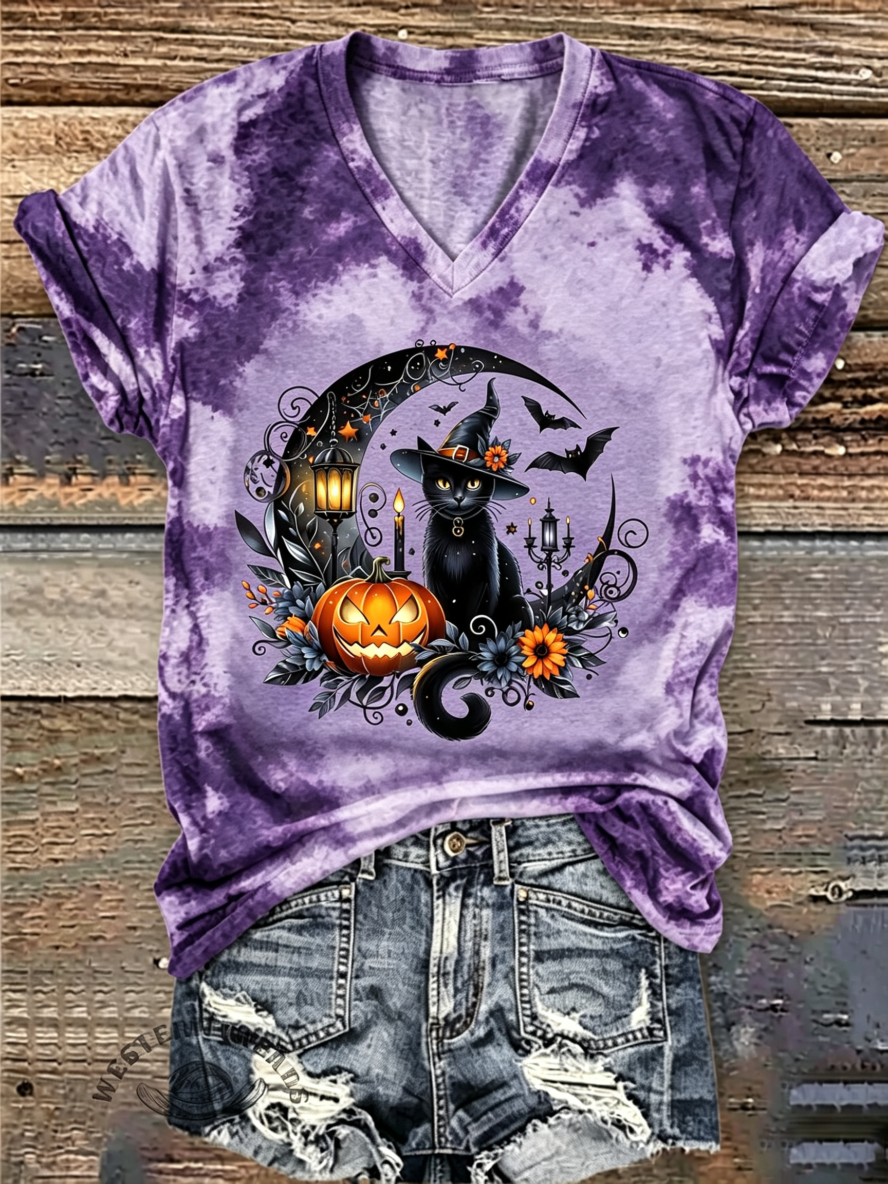 Purple Tie-Dye Witch Cat V-Neck T-Shirt