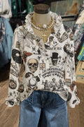Halloween Collage Print Ruffled Button-Down Shirt