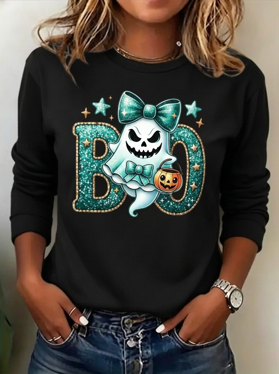 Mischievous Ghost 'BOO' Graphic Long Sleeve T-Shirt