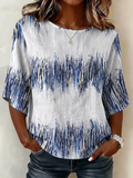 Abstract Blue Brushstroke Round Neck Short Sleeve Top