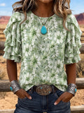 Ruffled Short Sleeve Green Floral Print Top