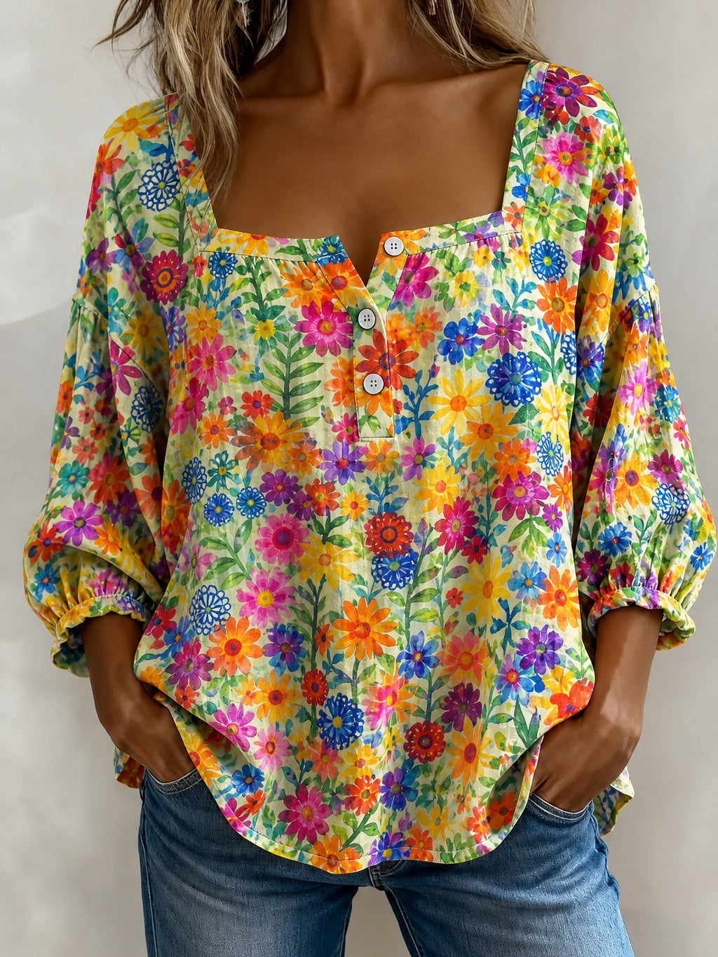 Square Neck Colorful Floral Button Detail Top
