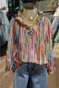 Multicolor Stripe Ruffle Trim Long Sleeve Shirt