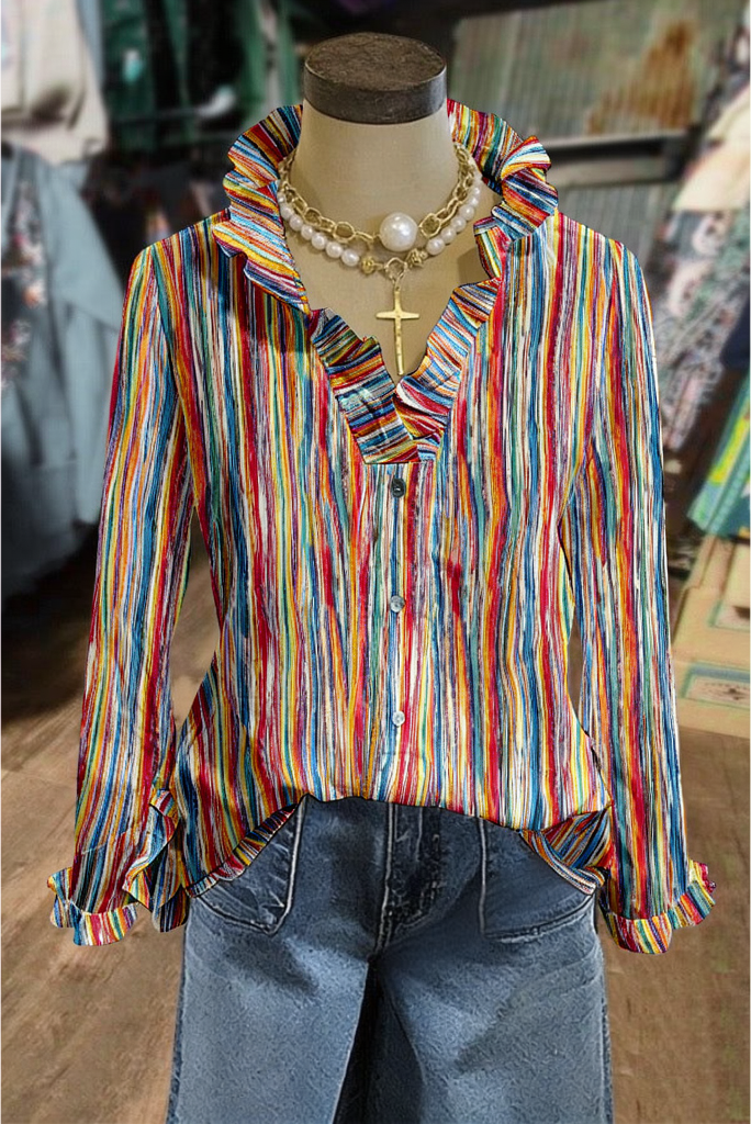 Multicolor Stripe Ruffle Trim Long Sleeve Shirt
