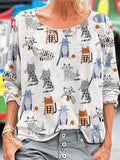 Playful Cat Print Round Neck Short Sleeve Top