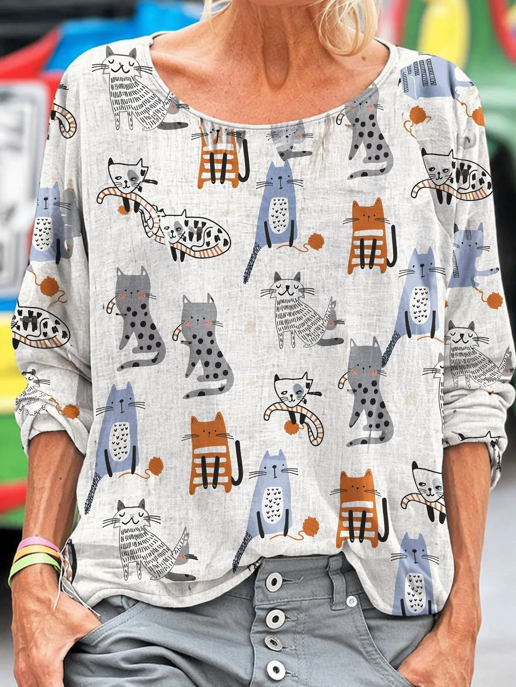 Playful Cat Print Round Neck Short Sleeve Top