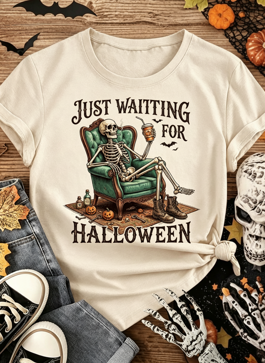 Skeleton Graphic 'Just Waiting For Halloween' T-Shirt