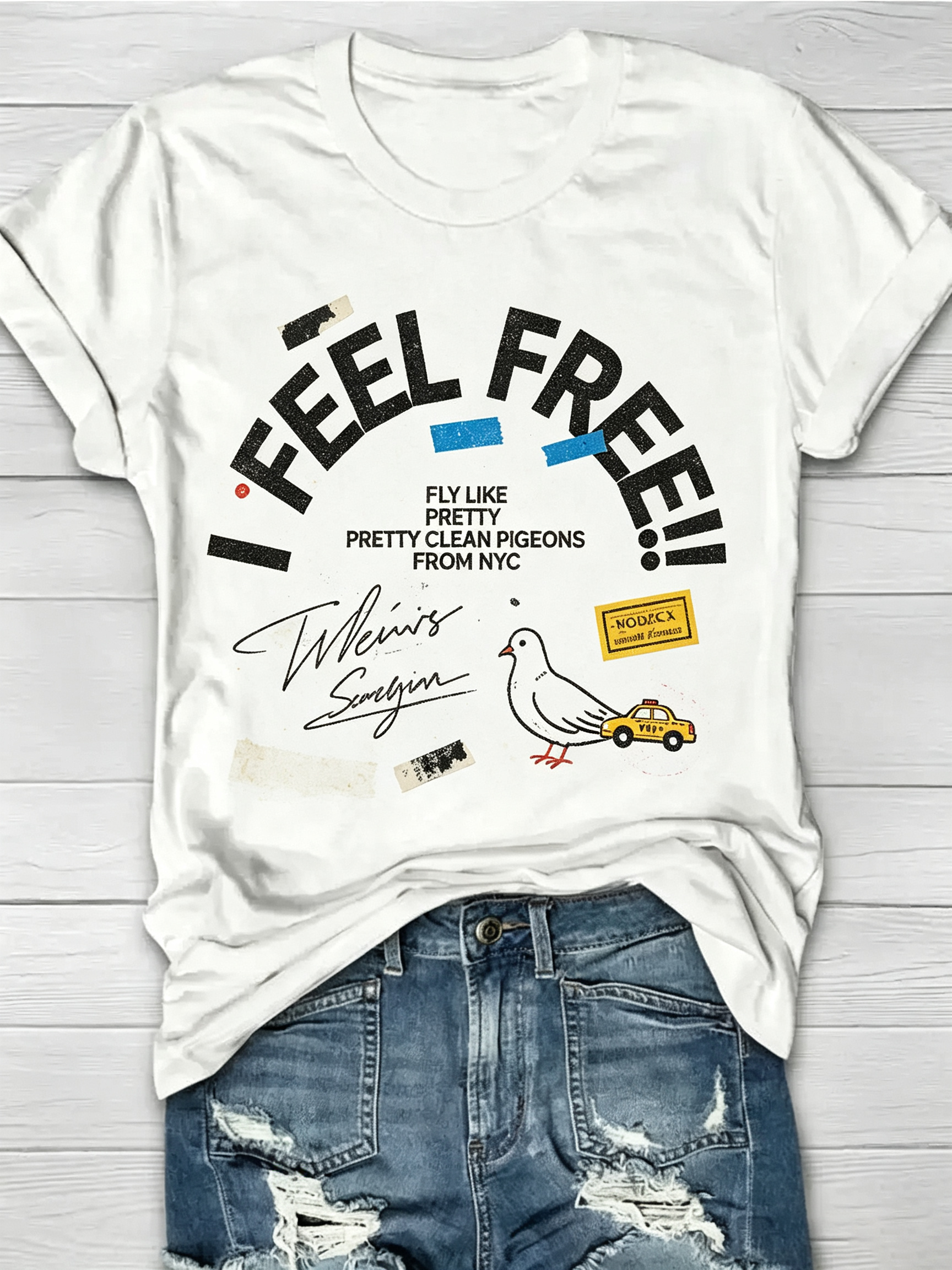 Pigeon Graphic 'I Feel Free' Crew Neck T-Shirt