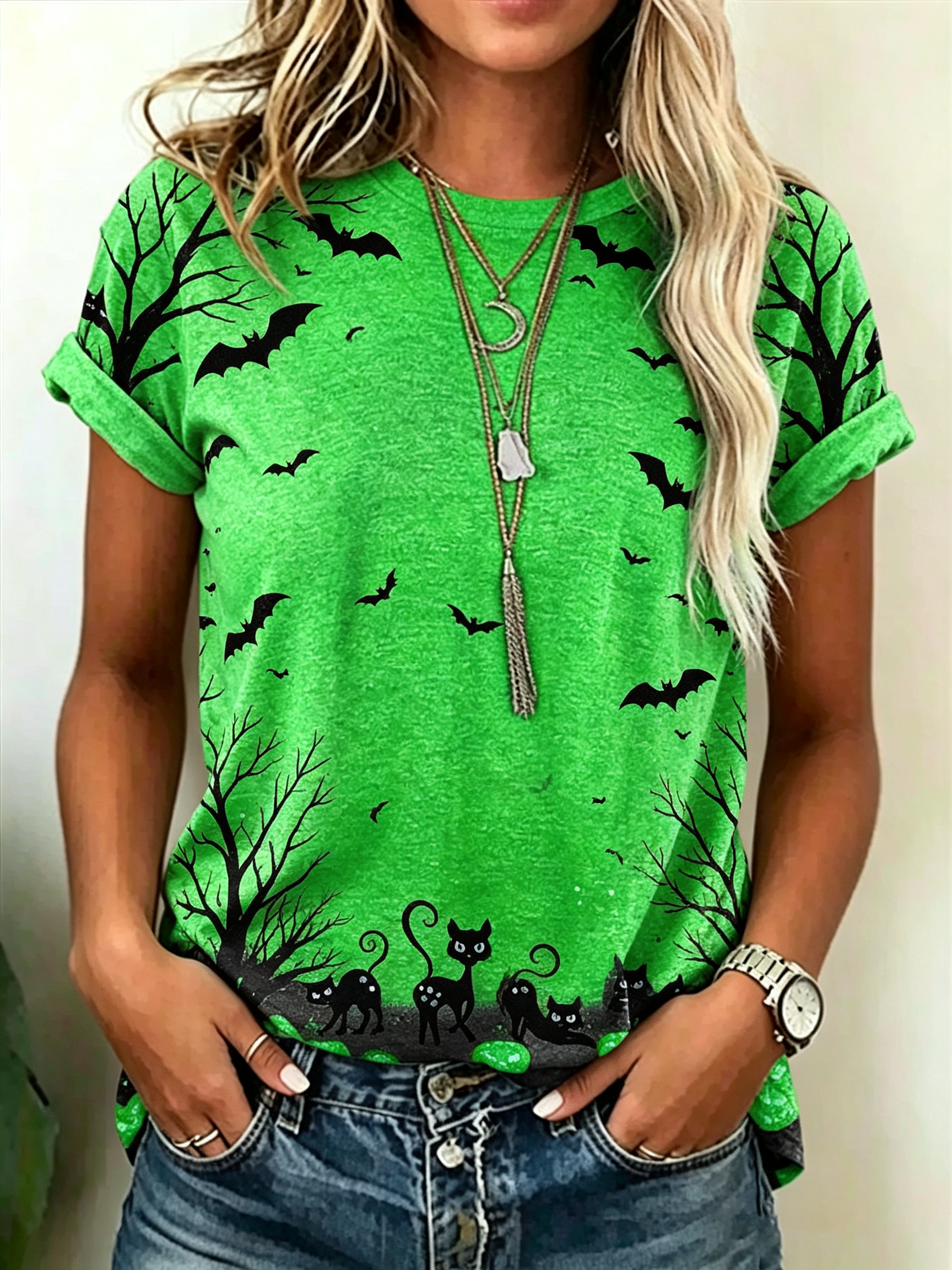 Halloween Bat and Cat Silhouette Green T-Shirt
