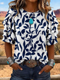 Layered Ruffle Sleeve Navy Leaf Print Top
