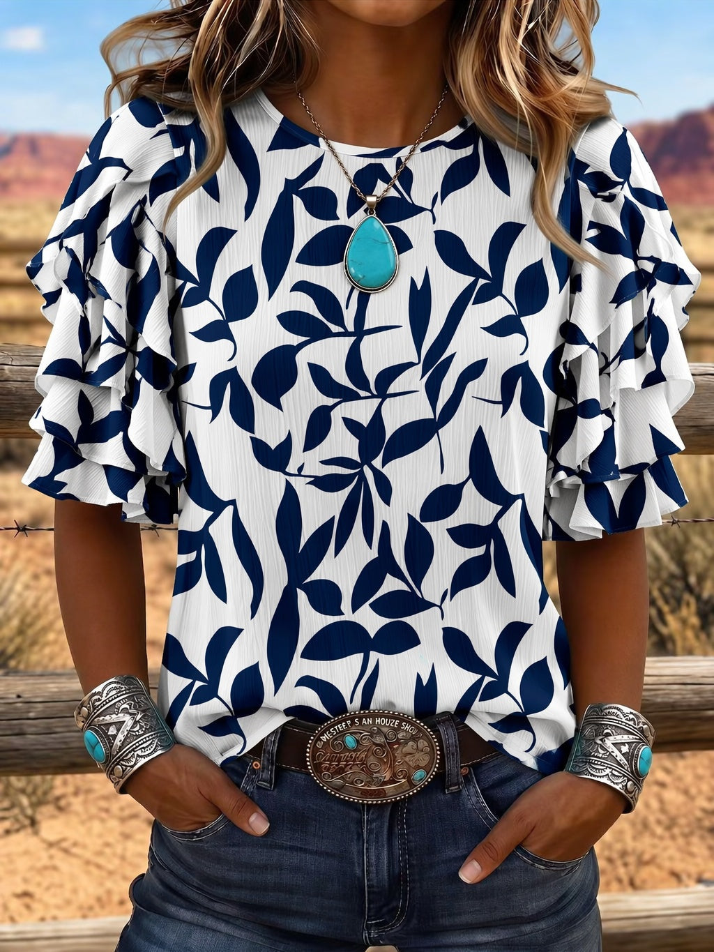 Layered Ruffle Sleeve Navy Leaf Print Top