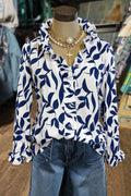 Long Sleeve Ruffle V-Neck Navy Leaf Print Blouse