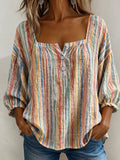 Pastel Watercolor Stripe Square Neck 3/4 Sleeve Top