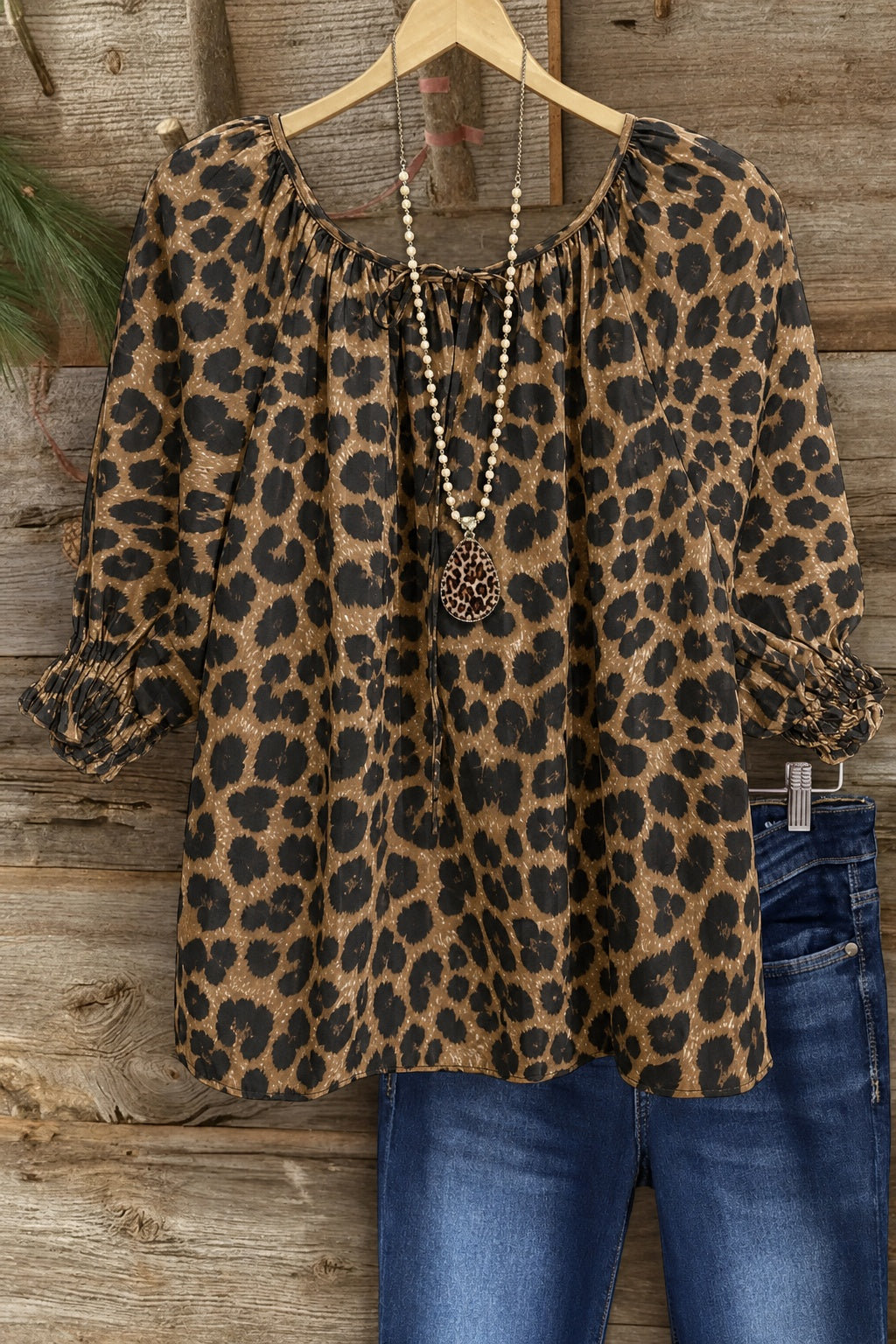 Leopard Print Tie-Neck 3/4 Sleeve Blouse