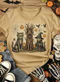 Whimsical Halloween Frankenstein and Wizard Cat T-Shirt