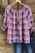 Pink and Navy Plaid Tie-Neck 3/4 Sleeve Top