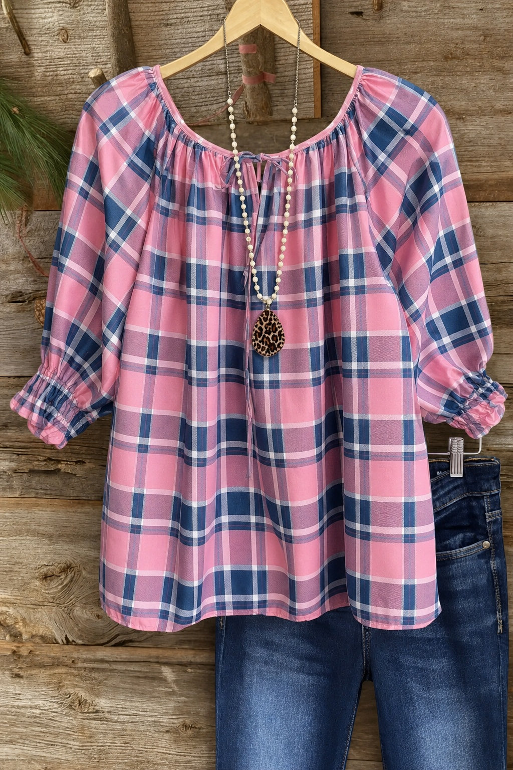 Pink and Navy Plaid Tie-Neck 3/4 Sleeve Top