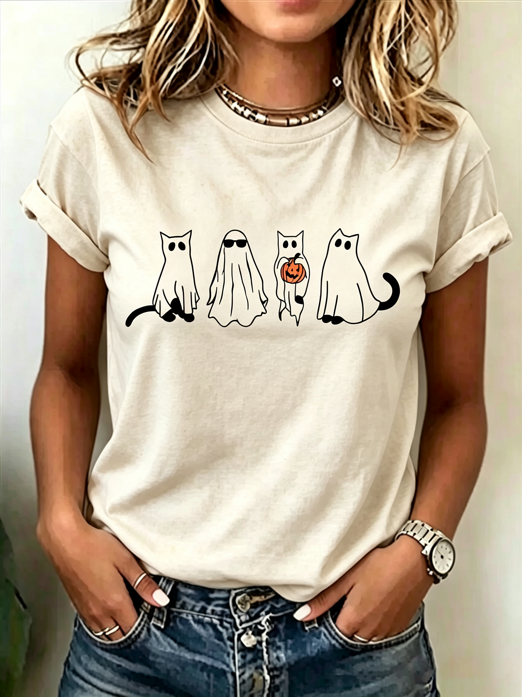Ghost Cat Line Art Graphic T-Shirt
