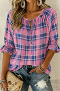 Pink Plaid Tie-Neck 3/4 Sleeve Blouse