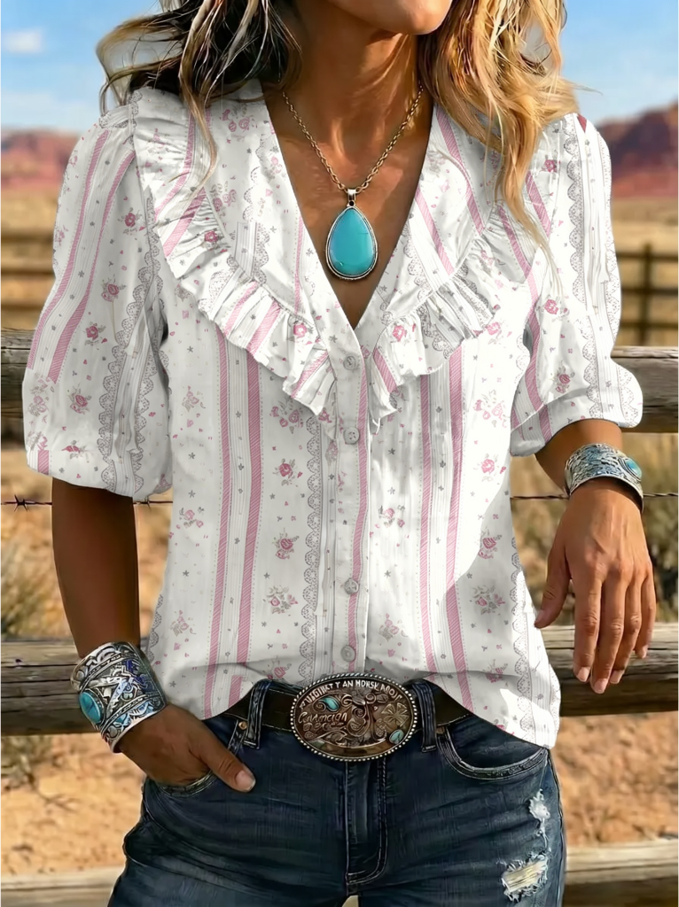 Ruffle V-Neck Floral Stripe Western Blouse