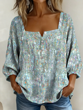 Abstract Pattern Square Neck Button Detail Top