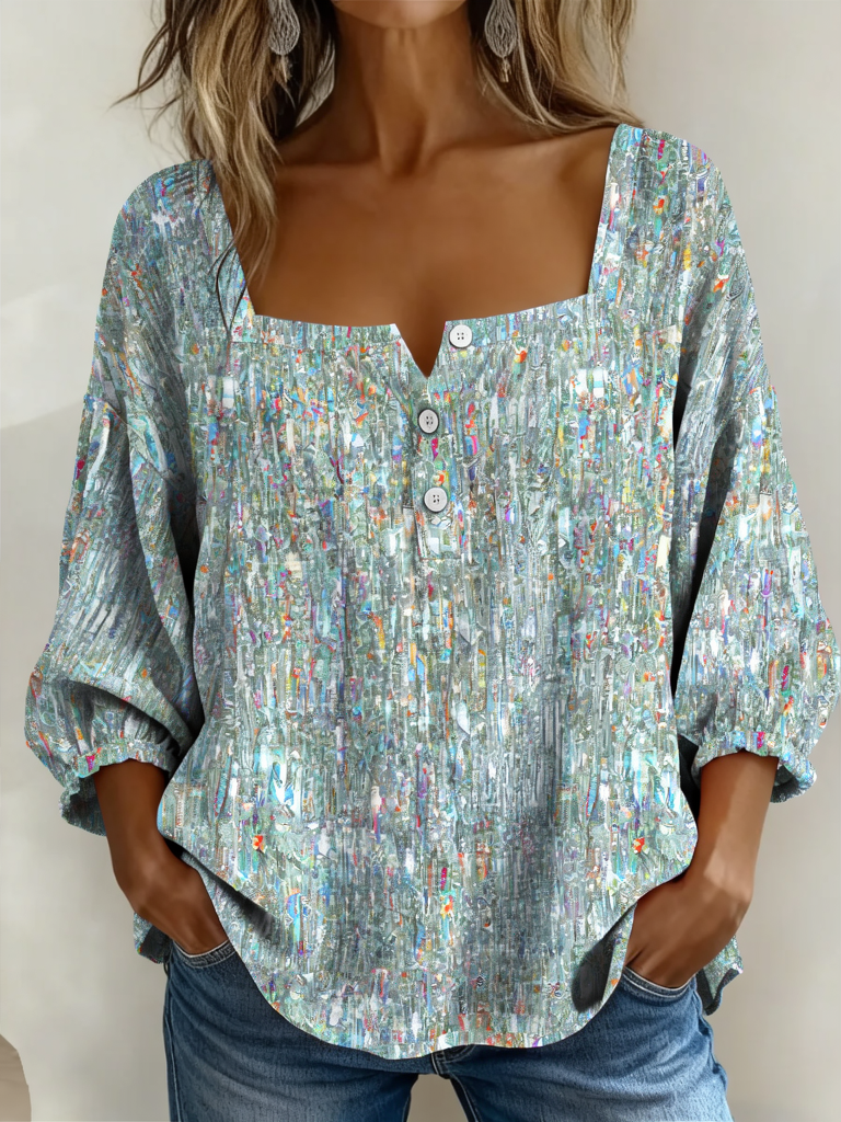 Abstract Pattern Square Neck Button Detail Top