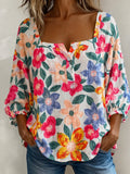 Square Neck Colorful Floral Button Detail Blouse