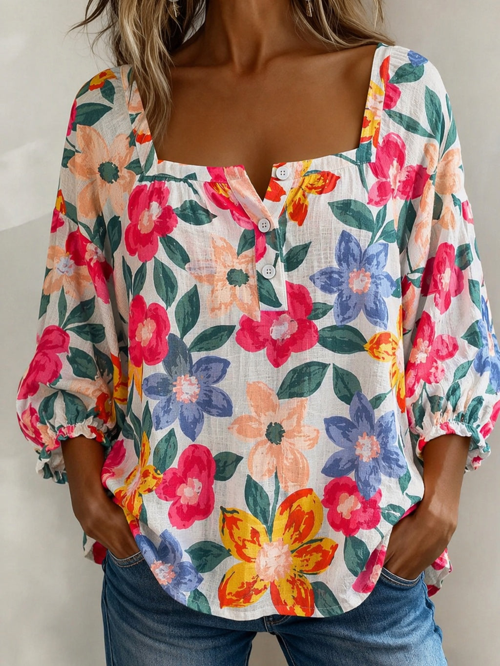 Square Neck Colorful Floral Button Detail Blouse