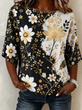 Black White Gold Floral Print Short Sleeve Top