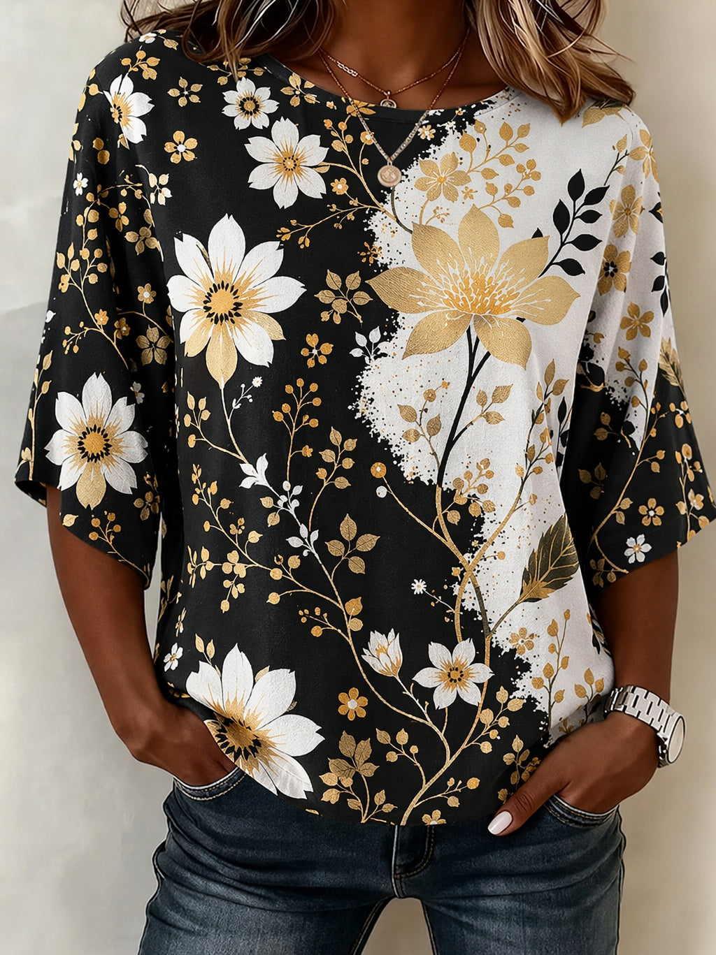 Black White Gold Floral Print Short Sleeve Top