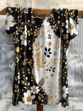 Black White Gold Floral Print Short Sleeve Top