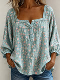 Square Neck Floral Print 3/4 Sleeve Blouse