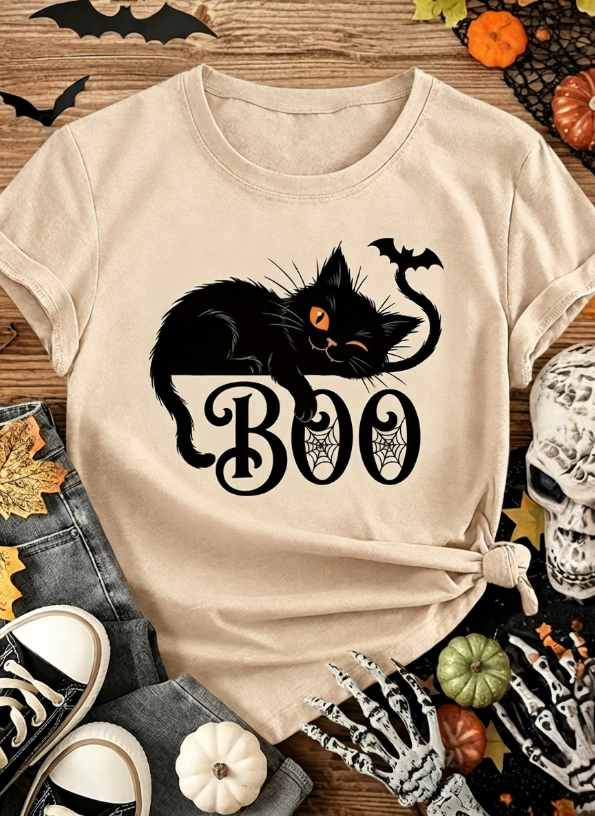 Black Cat Boo Halloween Graphic Tee