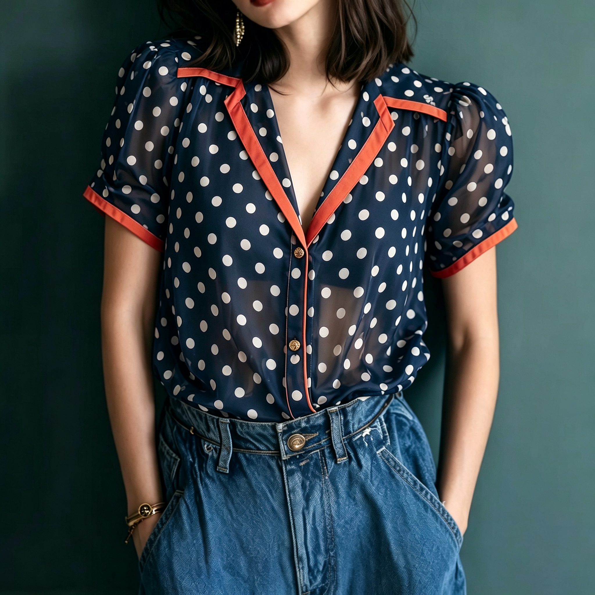 Contrast Trim Polka Dot Sheer Blouse
