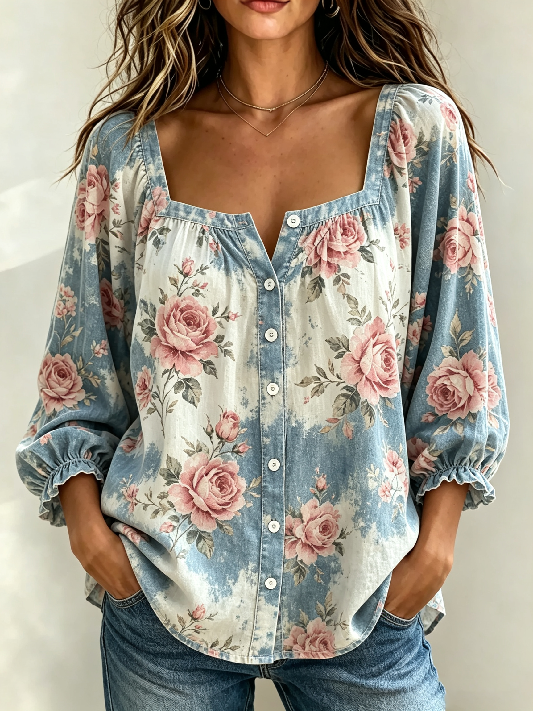 Rose Print Denim Style Button-Up Top