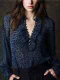 Sheer Leopard Ruffle V-Neck Long Sleeve Blouse