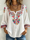 Square Neck Colorful Embroidered Peasant Blouse