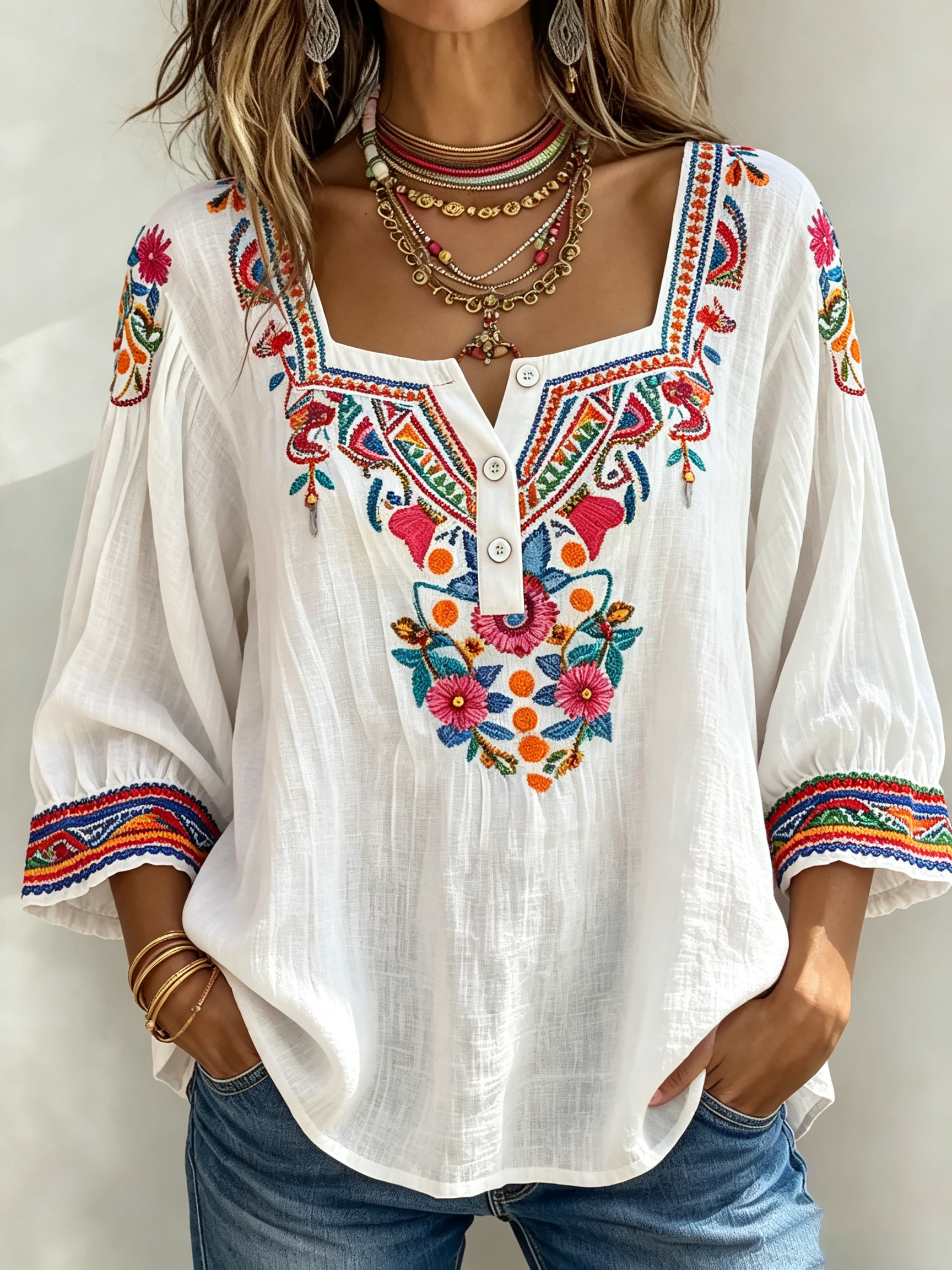 Square Neck Colorful Embroidered Peasant Blouse