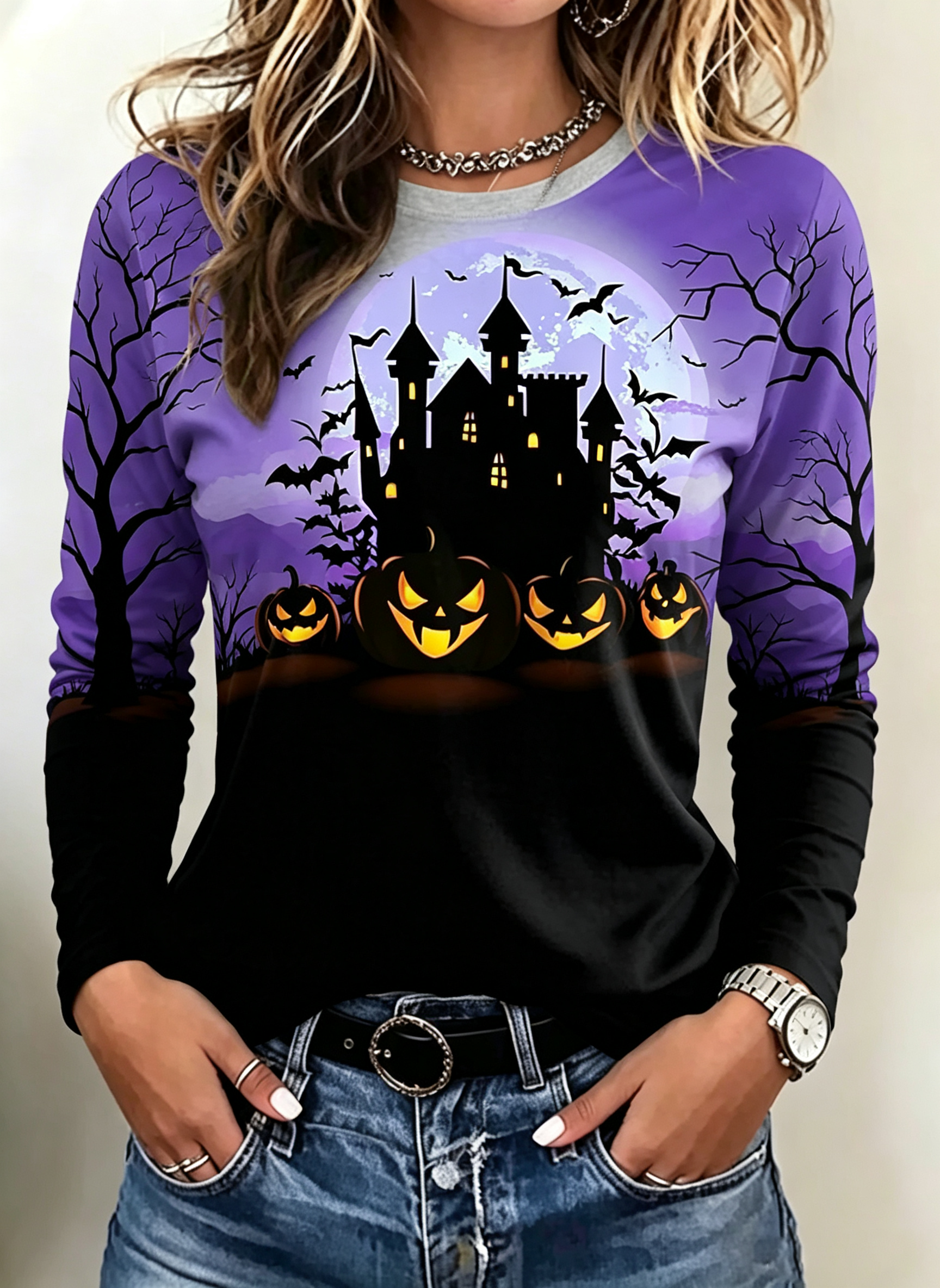 Haunted Castle Moon Halloween Long Sleeve T-Shirt