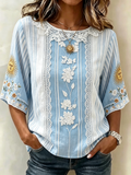 Lace Trim Sun Embroidery Stripe Short Sleeve Top
