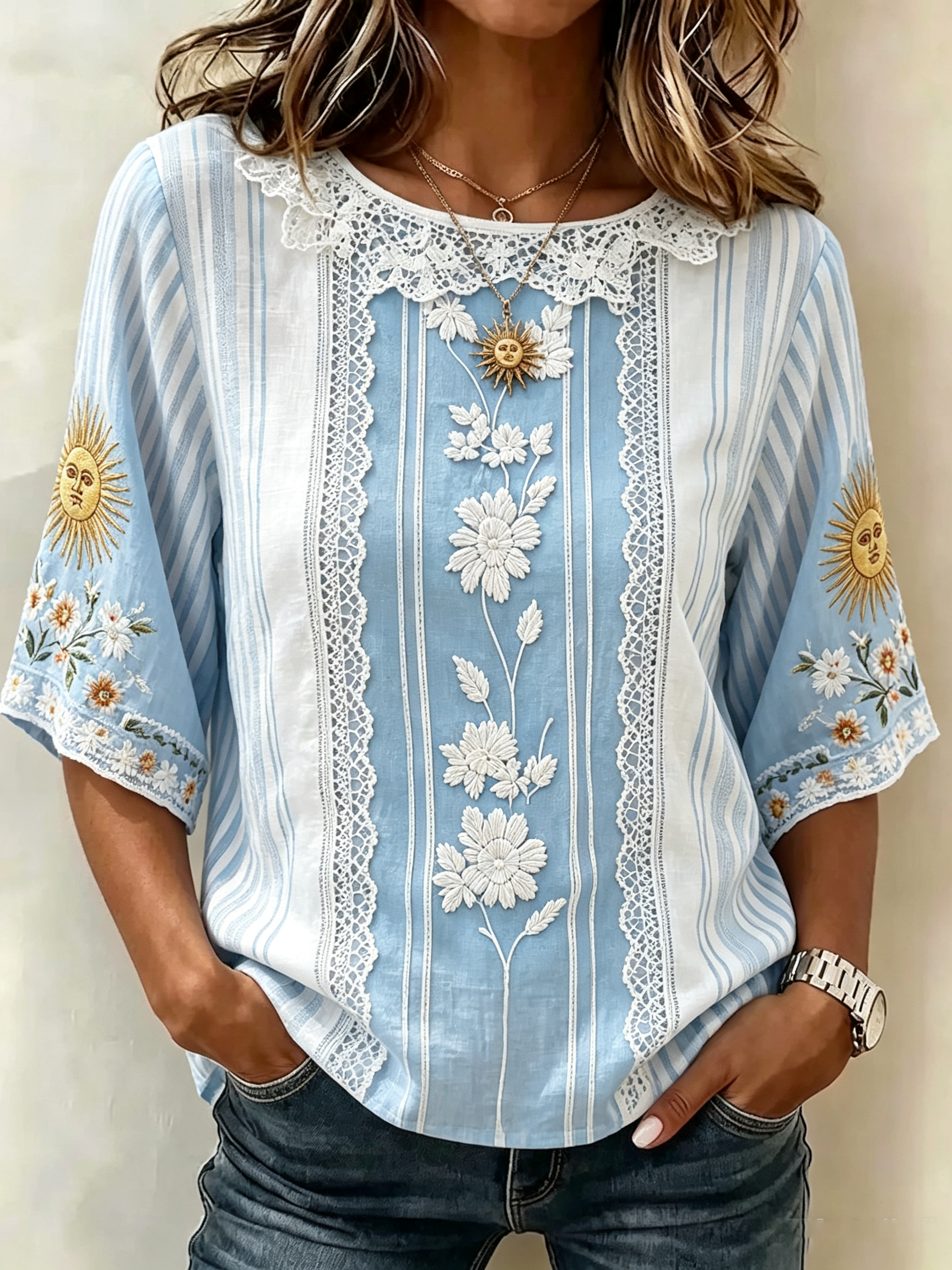 Lace Trim Sun Embroidery Stripe Short Sleeve Top