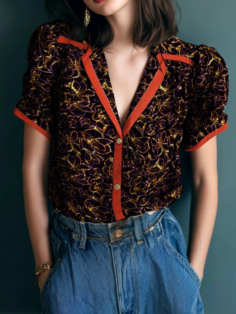 Dark Floral Metallic Puff Sleeve Blouse