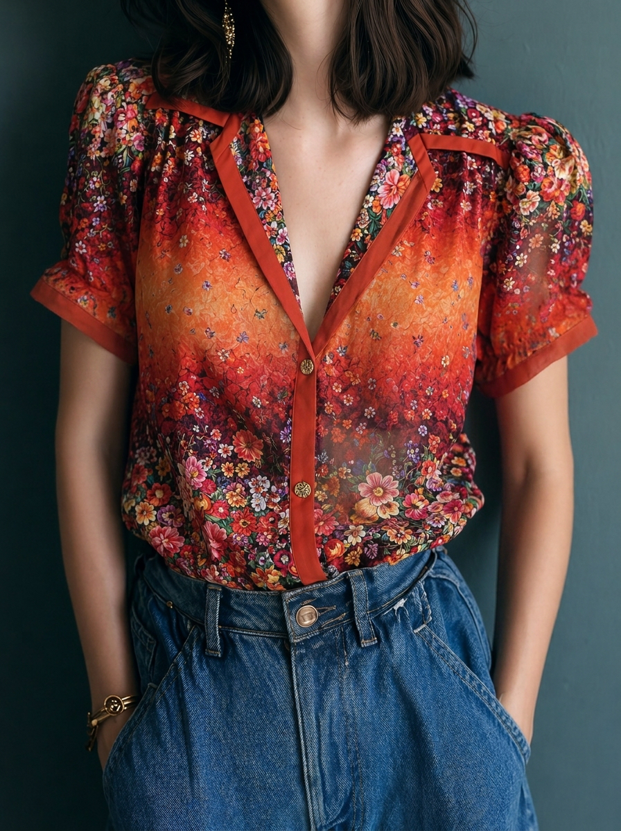 Sunset Gradient Floral Puff Sleeve Shirt
