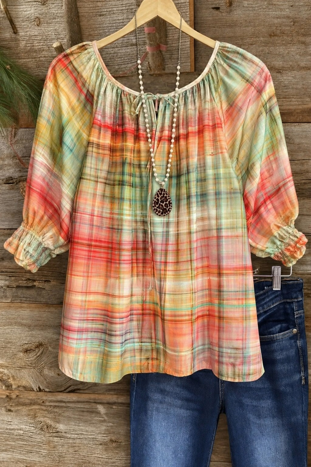Rainbow Plaid Tie-Neck 3/4 Sleeve Peasant Top